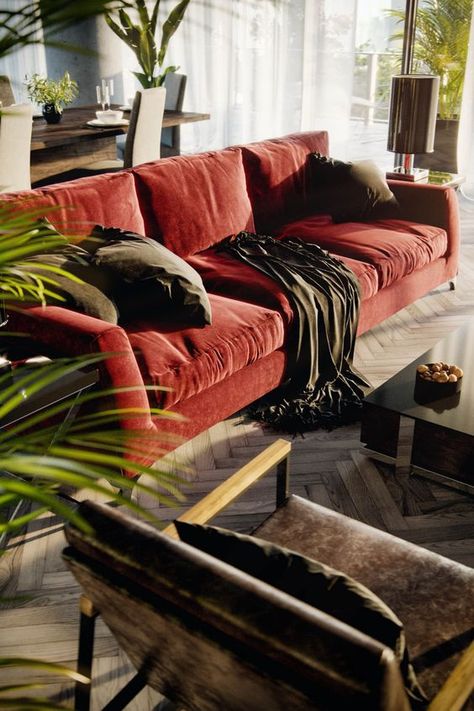 Red Gold Interior Design, Red Couch Styling, Maroon Velvet Couch, Red Sofa Interior, Red Velvet Couch Living Room, Red Velvet Sofa Living Room, Red Sofa Living Room Ideas, Red House Interior, Living Room Red Couch