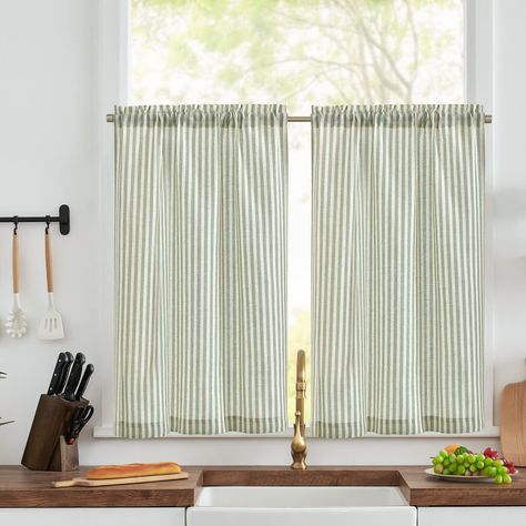 TOPICK Green Striped Small Curtains 36 Inch Drop Linen Kitchen Curtains Translucent Short Cafe Curtains Flax Light Filtering for Country Half Window Basement Sink Laundry Room Bathroom 2 Panels : Amazon.co.uk: Home & Kitchen Half Window Curtains, Rustic Curtain Rods, Cafe Curtain Rods, Small Curtains, Bathroom Farmhouse, Small Window Curtains, Tier Curtains, Short Curtains, Country Curtains