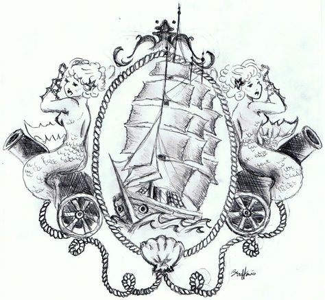 Cool. Pirate Ship Tattoo, Tattoo Mermaid, Mermaid Sketch, Art Nouveau Tattoo, Mermaid Tattoo Designs, Nouveau Tattoo, Kunst Tattoos, Nautical Tattoo, Ship Tattoo