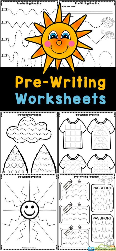 It is important for young children to strengthen hand muscles so they are ready to begin writing in school. Coloring is a great first step and pre writing worksheets help fine tune the skill. Get valuable handwriting practice for pre k with these pre-k tracing sheets for preschoolers. Simply print these pages to practice with 3, 4, and 5 year-olds. Writing Without Tears Worksheets, Pre Schooler Activities Worksheet, Pre Handwriting Worksheets, Pre K 3 Worksheets, Pre Writing Practice Preschool, Preschool Tracing Activities, Preschool Pre Writing Activities, Academic Activities For Preschool, Writing Sheets For Kindergarten