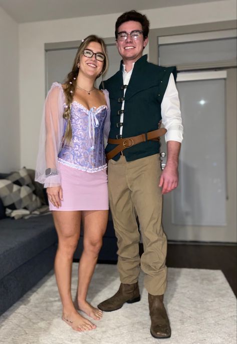 Cute costumes Guy Friends Halloween Costumes, Flinn Ryder Rapunzel Costume, Rapenzul And Flynn Costume, Rapunzel And Flynn Costume College, Rupunzle And Flynn Halloween Costume, Rapunzel And Eugene Costume Halloween, Flynn Ryder And Rapunzel Costume, Rapunzel And Flynn Halloween Costume, Repunzal And Flynn Couple Costume