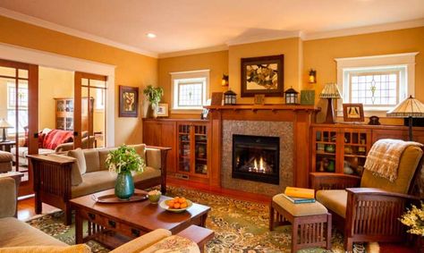 Falling for a New Craftsman | Arts & Crafts Homes and the Revival Craftsman Style Decor, Craftsman Style Interiors, Craftsman Living Rooms, Craftsman Interiors, Craftsman Living Room, Craftsman Fireplace, Craftsman Decor, Craftsman Interior, Bungalow Homes