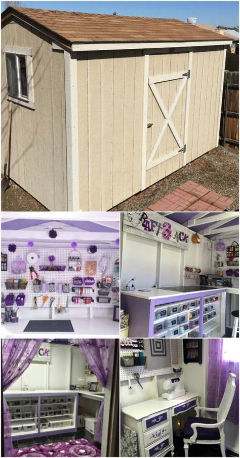 Craft Shed Ideas, Backyard Tiny House, She Shed Craft Room, She Shed Decorating Ideas, She Shed Interior, Planning Life, Shed Office, Pretty In Purple, Shed Decor