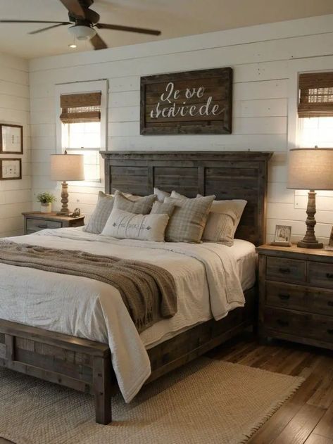 Cozy Cabin Decor Bedroom, Ideas For Above The Bed, Rustic Room Ideas, Barn Bedroom, Manchester House, Western Bedrooms, Barn Bedrooms, Bathroom Redecorating, Rustic Farmhouse Bedroom