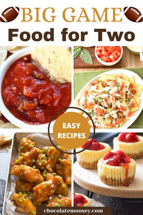 Don't miss our Big Game Food for Two recipes! These tailgating recipes are scaled down so you don’t end up with leftovers for days, including small batch queso, small batch brownies, and wings for two. We’re talking homemade queso, baked buffalo wings, Italian nachos, and more. Whether you’re serving 1-2 people or a small family, you’ll find the best Super bowl food ideas you’ll need here! Super Bowl For Two, Small Batch Appetizer Recipes, Super Bowl Food For 2, Super Bowl Food For Two, Game Day Food For Two, Lunch For Two People, Big Game Food, Appetizers For Two, Small Batch Brownies