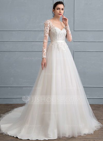 [£127.00] Ball-Gown V-neck Court Train Tulle Lace Wedding Dress With Sequins Wedding Dress With Sequins, Bridal Vibes, Lace Top Wedding, Tulle Lace Wedding Dress, Bow Wedding Dress, Dress With Sequins, Modest Wedding Dresses, Lace Wedding Dress, Lace Weddings