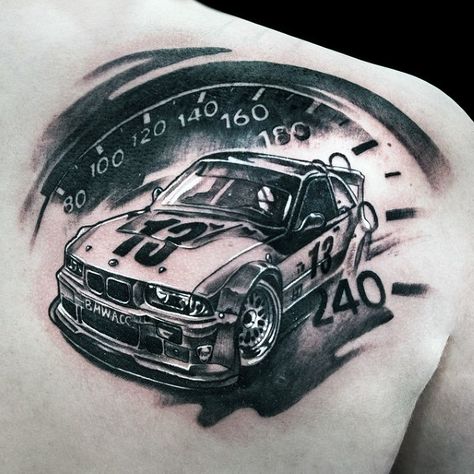 Ever since the invention of the motor vehicle, men have been obsessed with cars. Not only do they ease the effort of transportation, they also feature creative design and performance elements that resonate with men… Auto Tattoo, Tattoo Car, Racing Tattoos, Mechanic Tattoo, Tattoos Men, Theme Tattoo, Back Of Shoulder Tattoo, Car Tattoos, Shoulder Tattoos