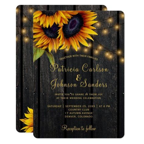 Rustic Lights Sunflower Barn Wood Wedding Invitation Rustic Lights, Sunflowers Bouquet, Wood Wedding Invitations, Beautiful Sunflowers, Sunflower Themed Wedding, Sunflower Wedding Invitations, String Lights Wedding, Lights Wedding, Invitation Elegant