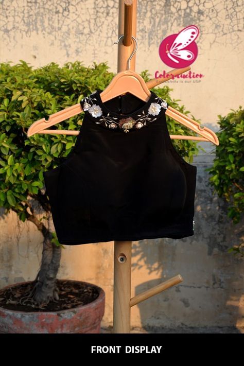 Buy Black Crepe Sequins Handwork Padded Blouse Online in India | Colorauction Black Crepe Saree, Black Net Blouse Designs Latest, Black Blouse Designs For Lehenga, Black Blouse Designs Latest, Black Blouse Design, Black Designer Blouse, Halter Neck Blouse Design, Exclusive Blouse Designs, Velvet Blouse Design