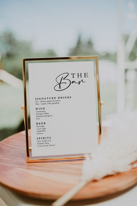 Wedding Bar Menu Template, Wedding Drink Menu, Wedding Bar Menu Sign, Bar Menu Template, Gold Wedding Signs, Bar Menu Wedding, Drink Bar, Menu Sign, Signature Drinks Sign