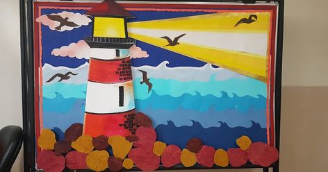 Art & craft creative ideas for kids and school projects. Nautical Theme Bulletin Board, Lighthouse Bulletin Board Ideas, Coastal Bulletin Board Ideas, Lighthouse Bulletin Board, Notice Board Decoration Ideas, Notice Board Ideas, Coastal Classroom, Beach Bulletin Boards, Bulletin Boards For Elementary