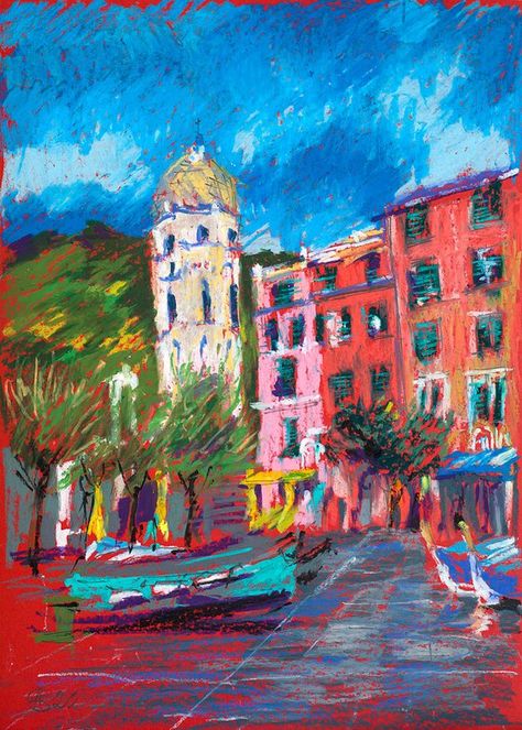 Oil Pastel Architecture Drawing, City Oil Pastel, Oil Pastel Buildings, Gcse Lock, Oil Pastel Sketch, Oil Pastel Artwork, Oil Pastel Landscape, City Sketch, Building Painting