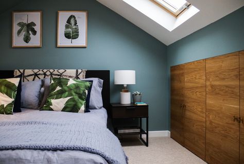 Farrow & Ball Oval Room Blue, palm leaves, calming loft bedroom Attic Bedroom Decor, Loft Rooms, Loft Bedrooms, Loft Conversion Bedroom, Loft Extension, Bedroom Colours, Room Improvement, Renovated House, Cozy Attic