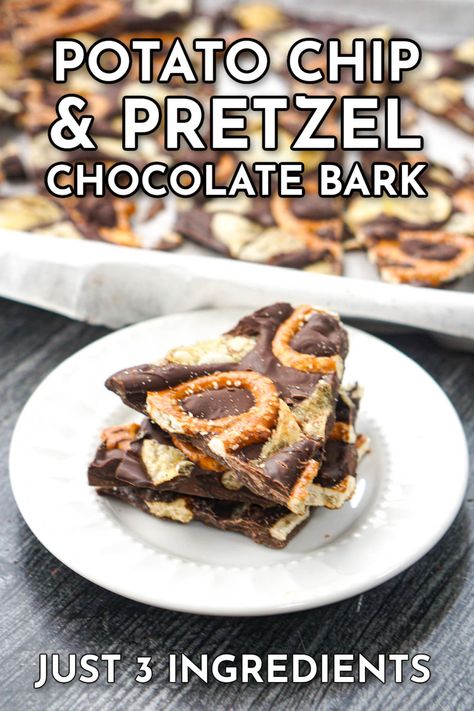 white plate with potato chip pretzel bark and text Potato Chip Bark Recipes, Easy Bark Recipes 3 Ingredients, Potato Chip Bark, Pretzel Bark Recipes, Bark Recipes Easy, Chocolate Potato Chips, Pretzel Chocolate, Pretzel Bark, Easy Christmas Candy Recipes