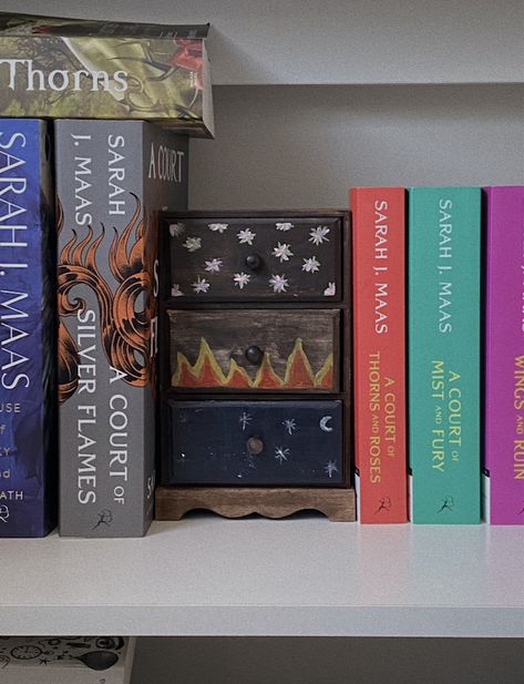 Acotar Shelf, Velaris Book Nook, Bookish Diy Ideas, Diy Bookish Decor, Sjm Bookshelf, Acotar Bookshelf Decor, Diy Bookish Crafts, Acotar Book Nook, Fantasy Bookshelf Decor