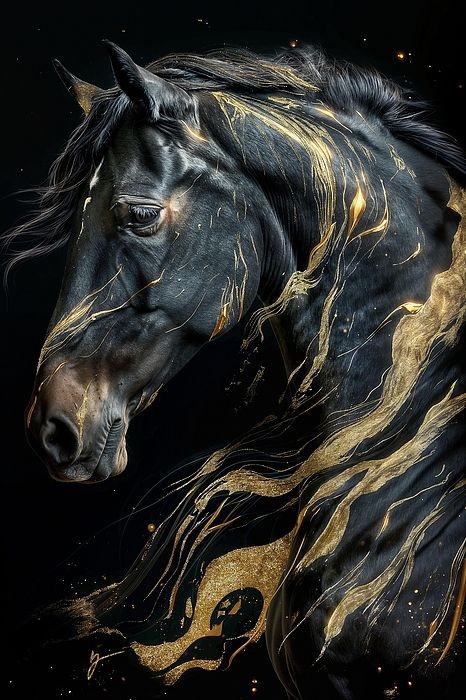 Goldiva, by Greg Collins Golden Art Painting, Black Horse Painting, Black And Gold Painting, Horse Painting On Black Canvas, Gold Horse Painting, Horse Paintings Acrylic, Horse Oil Painting Equine Art, Hyperrealism Paintings, Horse Tattoo Design