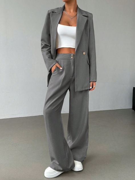 Ensemble pantalon et blazer pour femmes, style décontracté et simple pour le bureau, avec col cranté. Pour l'automne Gris Élégant    Unicolore  Pas de l'extensibilité  Women Clothing, size features are:Bust: ,Length: ,Sleeve Length: Suits With Converse Women, Pant Suit Set, Converse Women, Simple Office, Wide Leg Pant Suit, Hoodie And Sweatpants, Autumn Clothes, Pant Suit, Dark Jeans