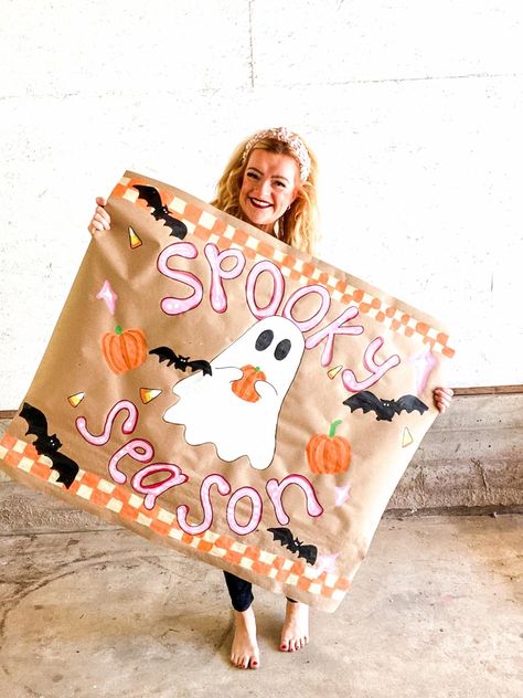 Spooky Halloween Hand Painted Banner - Etsy Halloween Brown Paper Banner, First Day Of School Banner Painted, Preppy Halloween Party, Halloween Painted Banner, Birthday Banners Painted, Brown Paper Signs, Halloween Banner Ideas, Cubicle Halloween Decorations, Butcher Paper Banner