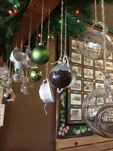 Holiday Decor in a Fresno Coffee Shop  [photo by perkyNbLue] Christmas Coffee Decorations, Coffee Shop Christmas Decor Diy, Christmas Caffe Decorations, Christmas Decor Ideas For Cafe, Christmas Decor Cafe Shop, Christmas Coffee Shop Sign, Christmas Decor For Coffee Shop, Coffee Christmas Decorations, Christmas Decorations Coffee Shop