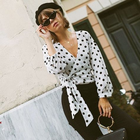 Shop the best affordable tops for fall including wrap blouses, silky styles, bell-sleeve tops, trumpet-sleeve tops, and more from our collection at Target. Beautiful Tops With Jeans, Wrap Blouses, Tops With Jeans, Dots Outfit, Jenny Cipoletti, Street Style Fall Winter, Beautiful Tops, Polka Dots Outfit, Casual Glam