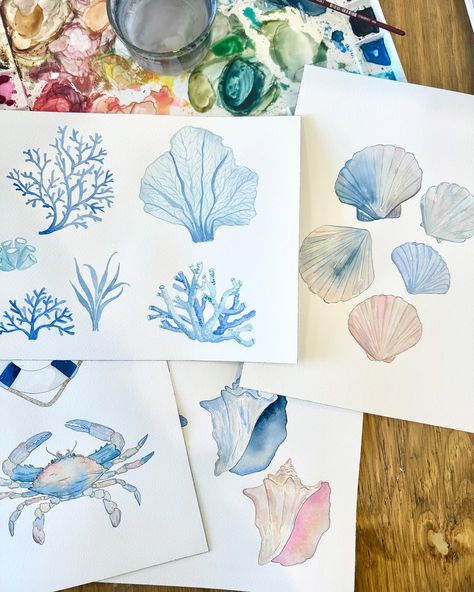 Currently on the desk. I’m trying to wrap up a big coastal themed project this week for a licensing opportunity 🌊🐚☀️ loving all these soft blues and creams! . . . #watercolorillustration #coastaldecor #coastalliving #seashells #beachart #winsorandnewton #blickartmaterials #watercolors #beachdecor #dailydoseofpaper #makersmovement #etsyfinds #ladies #licensingart #ladiesofillustration Paintings Ideas Watercolor, Beachy Paintings, Watercolor Seashells, Coastal Watercolor, Watercolor Beach, Tropical Watercolor, Watercolor Beginner, Art Watercolour, Watercolor Ideas