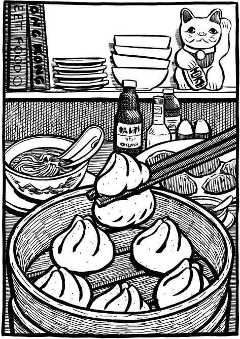 Print Ideas Black And White, Black And White Aesthetic Illustration, Black And White Pictures To Print, Black And White Food Drawing, Black And White Food Illustration, Cute Black And White Posters, Bao Bun Illustration, Food Drawing Black And White, Manga Illustration Black And White