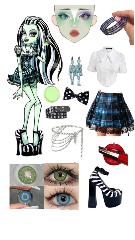 Frankie Stein Costume Halloween, Monster High Characters Cosplay, Draculara And Frankie Halloween, Frankie Monster High Costume Diy, Frankie From Monster High Costumes, Frankie Stein Costume Ideas, Frankie Stine Costume, Frankie Monster High Makeup Look, Monster High Frankie Stein Costume