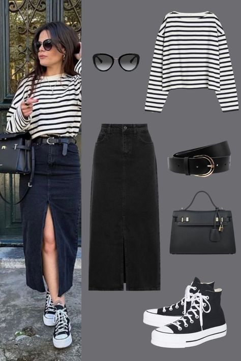 Knitted Vest Outfit Summer, Black Denim Midi Skirt Outfit Summer, Black Canvas Shoes Outfit, Black Denim Skirt Outfit Ideas, Black Denim Skirt Outfit Casual, Long Black Jean Skirt Outfit, Denim Long Skirt Outfit Ideas, Black Long Skirt Outfit Casual, Black White Striped Shirt Outfit