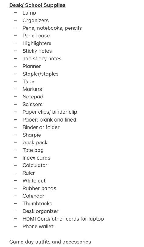 College packing list I made University Packing List, College Dorm List, College School Supplies List, Dorm List, Dorm Packing, College Packing List, College Desk, School Wishlist, College Packing Lists