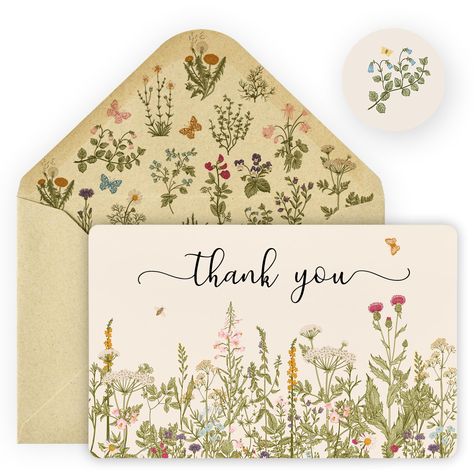 PRICES MAY VARY. WHAT YOU WILL GET: 24 packs thank you cards with 24pcs printed envelopes and 24pcs stickers, sufficient to meet your different needs to give thanks. RETRO DESIGN: Patterned with elegant , printed with the words of thank you, delicate and vintage, suitable for many occasions. MATERIAL & SIZE: Made of good quality paper, durable and fluent enough to write. Each one is 4 x 6 inch, big enough to share your personal feelings on the blank part. The envelope is big enough to store the Wildflower Stationery, Wedding Invitation Cards Online, Thanksgiving Homemade Cards Paper Source, Botanical Greeting Card, Woodland Thank You Cards, Note Cards Handmade, Wildflower Thank You Card, Free Wedding Cards, Envelope Sticker