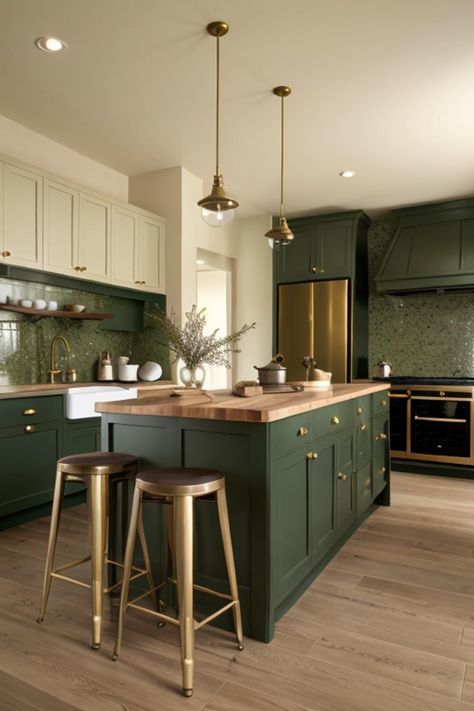 Emerald And Gold Interior, Gold Accents Kitchen Decor, Dark Green Kitchen Accents, Green Brown Kitchen Cabinets, Black And Emerald Green Kitchen, Kitchen Design Dark Green, Pine Green Kitchen, Green And Gold House Decor, Green Kitchen Brown Countertops