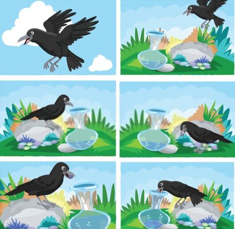 The Thirsty Crow - Thirsty Crow Story in English Crow Story, Story Sequencing Pictures, Thirsty Crow, Picture Story Writing, Picture Story For Kids, Water Displacement, Small Stories For Kids, Crow Pictures, Story In English