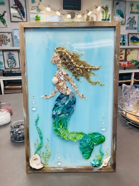 We are a DIY art studio in Panama City Beach, you can book classes at www.crushedpcb.com and create your own beautiful artwork Crushed Glass Mermaid, Crushed Glass Art, Broken Glass Crafts, Artisan Workshop, Sea Glass Art Diy, Glass Mermaid, Mosaic Art Diy, Turtle Wall Art, Glass Art Pictures