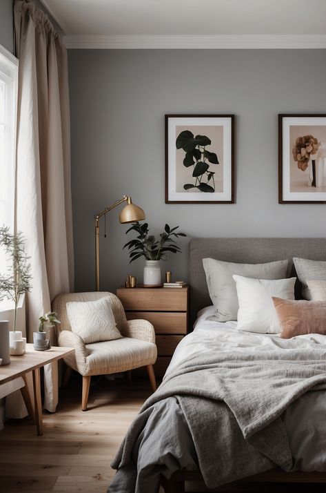 26 Home Bedroom Refresh Ideas » HomeQly.com Grey Bed Frame Decor Ideas, Light Grey Feature Wall Bedroom, Small Bedroom Ideas Grey Walls, Dark Grey Beige Bedroom, Bedrooms With Grey Furniture, Grey Fabric Headboard Bedroom Ideas, Bedroom Inspo Grey Walls, Calming Bedroom Colours, Grey Wall Bedroom Aesthetic