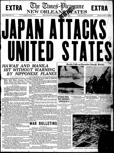 Headline about Japanese surprise attack on Pearl Habor. Remember Pearl Harbor, Newspaper Front Pages, Pearl Harbor Attack, Historia Universal, Newspaper Headlines, Historical Newspaper, Vintage Newspaper, Newspaper Article, Old Newspaper