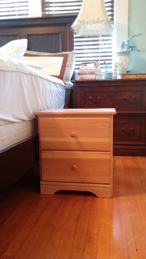 Nightstand Lower Than Mattress, Add Height To Dresser, Adding Feet To Nightstand, Make Nightstand Taller, Height Of Nightstand To Bed, How To Make A Nightstand Taller, Tall Nightstand Ideas Diy, Add Legs To Nightstand, Adding Legs To Nightstand