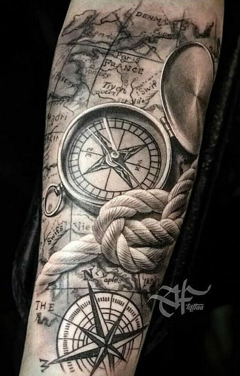 Sextant Tattoo, Rope Tattoo, Nautical Tattoo Sleeve, Tato Henna, Pirate Tattoo, Compass Tattoo Design, Map Tattoos, Marvel Tattoos, Nautical Tattoo