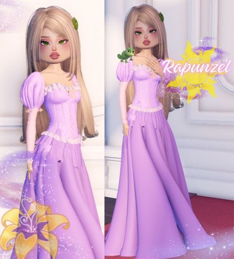 How To Make Rapunzel In Dti, Rapunzel Hair Inspiration, Rapunzel Dti Outfit, Dress To Impress Rapunzel, Princess Dti Ideas, Dti Outfits Princess, Dress To Impress Layering, Dti Princess Outfit Ideas, Disney Princess Dress To Impress