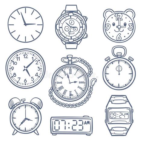 Doodle watch, clock vector icons. Hand drawn time vector icons isolated. Clock and watch time, illustration of alarm drawing, doodle stopwatch royalty free illustration Clock Illustration Art, Alarm Drawing, Doodle Watch, Jam Pasir, Icons Hand Drawn, Clock Vector, Time Vector, Clock Drawings, Time Illustration