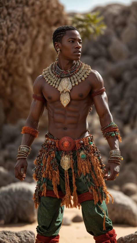 African Tribe Clothing, African Warrior Costume, African Warrior Character Design, Afrofuturistic Fashion, Zulu Men, Tribe Warrior, African Superhero, Egyptian Men, African Warrior