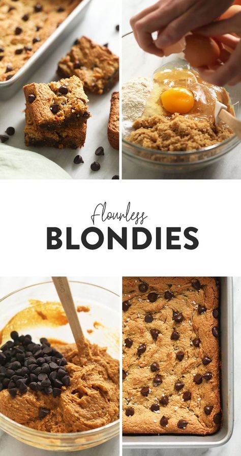 Flourless blondies so gooey you can't even tell they're healthy! Made with cashew butter, coconut flour, and dark chocolate chips, this is the only blondie recipe you'll ever want to make again. Flourless Blondies, Cashew Butter Recipe, Flourless Baking, Healthier Baking, Blondie Recipe, Gf Cookies, Healthier Sweets, Chocolate Chip Blondies, Healthy Bars