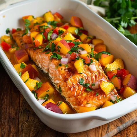 This healthy salmon recipe is perfect for using up very ripe peaches during 
the summer. Beans And Brown Rice, Dash Diet Recipes, Salmon Peach, Peach Recipes, Steamed Green Beans, Salsa Ingredients, Healthy Salmon Recipes, Healthy Salmon, Dash Diet