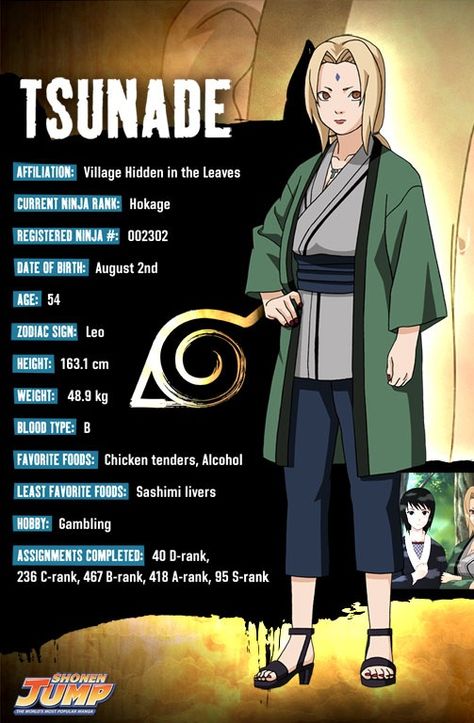 Tsunade (綱手, Tsunade) is one of Konohagakure's legendary Sannin. Though celebrated as the world's most powerful kunoichi and its greatest medical-nin, Tsunade abandoned the life of the ninja for many years in pursuit of other goals. She is eventually persuaded to return to Konoha and becomes its Fifth Hokage where her skills were invaluable to the village. Naruto Character Info, Legendary Sannin, Jiraiya And Tsunade, Character Info, Naruto Facts, Tsunade Senju, Naruto Quotes, Lady Tsunade, Arte Ninja