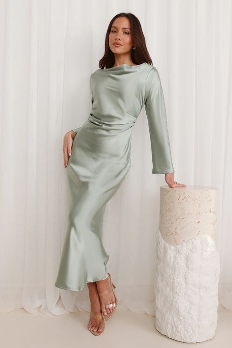 Lovely, this is the classiest dress you need in your events wardrobe. The Classy Vibe Maxi Dress features a silky satin silhouette, and a cowl neck and back with a tie design. Style with heels and curls for your dreamiest 'fit yet. Sage Green Long Sleeve Dress, Green Winter Dresses, Midi Formal Dress, Green Long Sleeve Dress, Sage Green Dress, Dress Sage, Tie Design, Clean Girl, Pink Mini Dresses