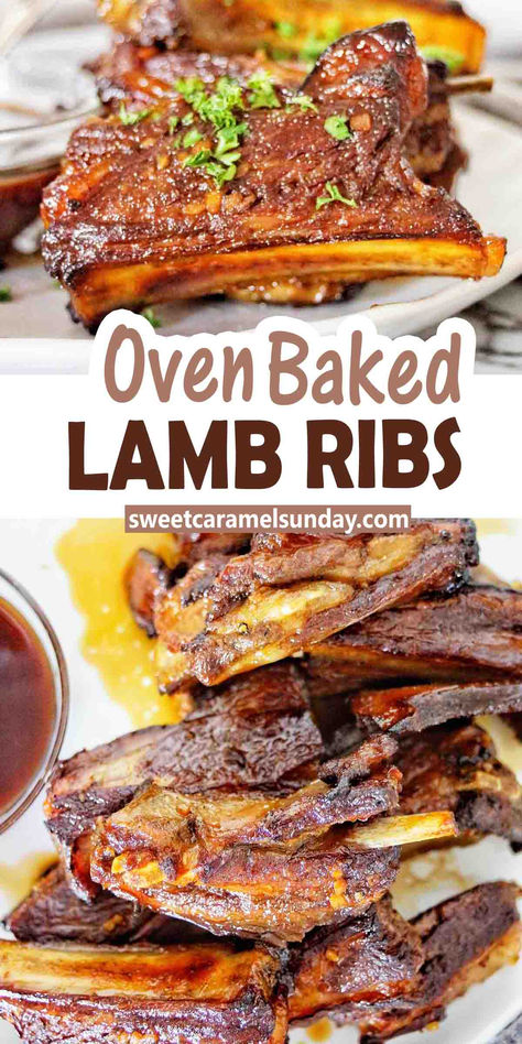 Oven baked lamb ribs on white plate with chopped parsley and sauce with text in between 2 layers. Oven Roasted Lamb Ribs, Sticky Lamb Ribs, Lamb Rib Roast Recipes, Grilled Lamb Ribs, Lamb Rib Marinade Recipe, Lamb Rib Chops Recipes Oven, Lamb Ribs Recipe Grill, Oven Lamb Chops Recipe, Lamb Ribs Recipe Ovens