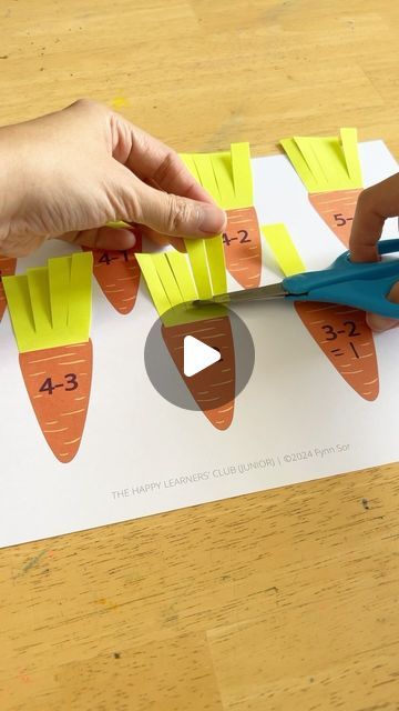 Fynn Sor | Happy Tot Shelf on Instagram: "Enhance your child’s understanding of abstract math concepts like subtraction with engaging hands-on activities! In this enjoyable activity, children snip away the number of green leaves on the carrots based on subtraction math problems, revealing the answers in a fun way. 🥕✂️  ❤️ If you love this activity, you’ll love all the hands-on, playful activities available in my activity membership, The Happy Learners’ Club! Members receive thematic activity ideas and printables every month. ❤️ Excited to join THLC? Enrollment is open now until February 24th. Simply comment ‘join THLC’ and I’ll send you the sign-up link! . #learningisfun #handsonlearning #toddleractivities #preschoolactivities #raisinghappylearners #thehappylearnersclub #earlylearning #pr Creative Math Activities Preschool, Subtraction Activities For Kids, Maths Montessori Activities, Math Play Activities, Hands On Activities For Kindergarten, Subtraction Activities For Kindergarten, Addition Activities Preschool, Subtraction For Kindergarten, Maths Activities For Kids