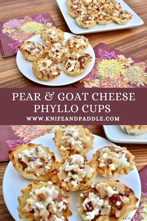 Goat Cheese Phyllo, Phyllo Cup Appetizers, Pear Goat Cheese, Recipes Using Puff Pastry, Goat Cheese Appetizer, Cheese Alternative, Phyllo Cups, Holiday Appetizers Easy, Side Chick