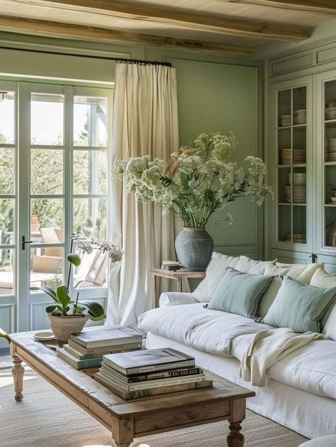 Green French Country Living Room, Fresh Traditional Living Room, Light Green Living Room Ideas, Blue And Green Living Room Farmhouse, Sage And Beige Living Room, Cottage House Living Room, Cream And Green Aesthetic, Sage And Cream Living Room, Blue And Green Living Room Color Scheme