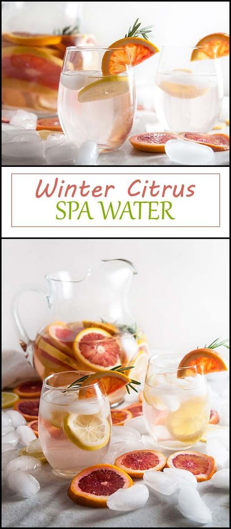 Winter Citrus Spa Water Recipe from www.seasonedsprinkles.com Spa Food Recipes, Spa Food Ideas, Spa Foods, Spa Water Recipes, Diy Spa Day At Home, Homemade Horchata, Citrus Water, Light Refreshments, Florida Recipes