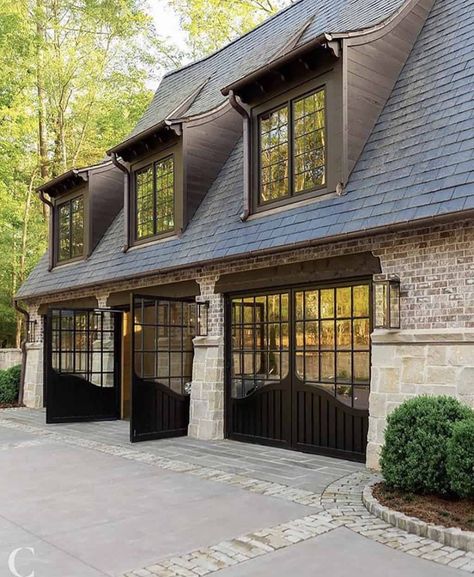 Carriage Garage, Roof Shingle Colors, Carriage Garage Doors, Brown Roof, Carriage Doors, Shingle Colors, Garage Door Design, Spanish Style Home, Roof Colors